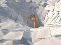 Hand drowning in paper sheets