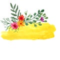 Hand drowning watercolor yellow template with wild flowers