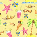 Hand drwan watercolor summer seamless pattern with elements on yellow background - palm, sunglasses, ice cream, ball, starfish, Royalty Free Stock Photo