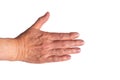 Hand of elderly Caucasian woman with Heberden`s arthritis at the index finger on white background. Sign of osteoarthritis.