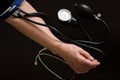 A hand of an elderly woman prepared for the blood pressure checking