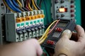 Hand of an electrician tests electrical installations and wires on relay protection system, Generative AI Royalty Free Stock Photo
