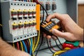 Hand of an electrician tests electrical installations and wires on relay protection system, Generative AI Royalty Free Stock Photo