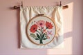Hand-embroidered floral art on fabric with wooden hoop display Royalty Free Stock Photo