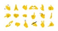 Hand emoticons. Yellow arms and fists with gestures of open palm, prey, like or dislike, victory and muscle. Vector