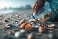 A hand empties a plastic bottle onto a shell covered beach, showing pollution Royalty Free Stock Photo