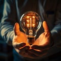 Hand encloses bulb, gears within, depicting business acumen and ingenuity