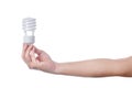 Hand with energy saving lamp on white background Royalty Free Stock Photo