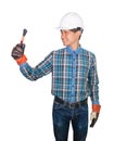 Hand of engineer holding paint brush wear Striped shirt blue and glove leather with white safety helmet plastic On the head white Royalty Free Stock Photo