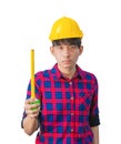 Hand of engineer is holding tape measure in his hands and wear yellow safety helmet plastic on white background Royalty Free Stock Photo