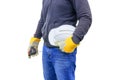 Hand of engineering worker wear gloves holding white safety helmet plastic. equipment prevent danger engineer in construction Royalty Free Stock Photo