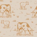 Hand engraved cows grazing on meadow seamless pattern Royalty Free Stock Photo