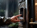 Hand Entering Code on Weatherproof Smart Lock in Rain, generative ai Royalty Free Stock Photo