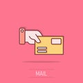 Hand with envelope icon in comic style. Mail letter delivery cartoon vector illustration on isolated background. Receive document Royalty Free Stock Photo