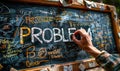 Hand erasing the word PROBLEM written in white chalk on a blackboard, symbolizing solution finding, overcoming challenges Royalty Free Stock Photo