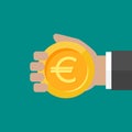 Hand with euro dollar coin. Vector flat illustration on blue. Give, receive, take, earn money