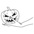 Hand of evil with long nails holding Hallowen pumpkin vector illustration sketch doodle hand drawn with black lines isolated on Royalty Free Stock Photo