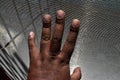 Hand against a wire mesh door