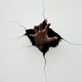 A hand extends through a jagged hole in a cracked wall. The wall is white with visible Royalty Free Stock Photo