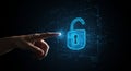 A hand extends towards a glowing, digital representation of an unlocked padlock Royalty Free Stock Photo