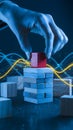 Hand extracts red block from stack, digital lines add futuristic precision