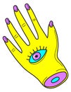 Hand with eye. Esoteric trippy sign. Neon psychedelic
