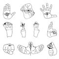 hand and eye set, popular gestures ok, super, peace, fist, palm with eye, fingers crossed, mystical occult esoteric concept,