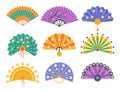 Hand fan. Decorative traditional paper fan, folding chinese attribute, elegant craft oriental souvenir, vintage personal item,