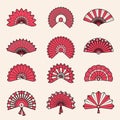 Hand fan. Japanese authentic symbols chinese draw vector beauty shapes