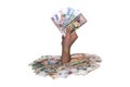 Hand with a fan of money on a background of mountains of money Royalty Free Stock Photo