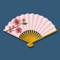 Hand fan with sakura branch with flowers isolated on blue background, Japanese and Chinese folding fan, Traditional Royalty Free Stock Photo