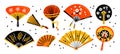 Hand fans. Cartoon Chinese handheld accessories. Different shapes design. Oriental folding attributes. Artificial breeze
