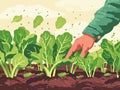 Hand of farmer planting chard seedlings. illustration in cartoon style. Generative AI