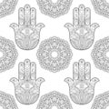 Hand of Fatima with Mandala Seamless Pattern