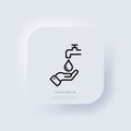 Hand and faucet line icon. Wash hands sign. Save water concept. Antivirus and antibacterial protection. Personal hygiene.