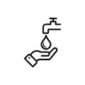 Hand and faucet line icon. Wash hands sign. Save water concept. Drop in a palm. Antivirus and antibacterial protection. Personal