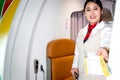 Hand of female cabin crew air hostess gives boarding pass ticket camera at airplane entrance gate, flight attendant checks Royalty Free Stock Photo