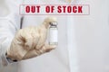 The hand of a female doctor in rubber gloves and a white coat holds an ampoule of medicine against the background of the