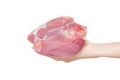 Hand of female holding meat.