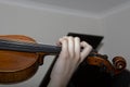 Hand of a female violinist on the fingerboard of a violin takes a chord during music performance