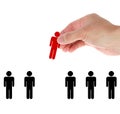 Hand find select person in line of people Royalty Free Stock Photo