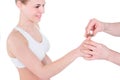 Hand and Finger massage. Woman getting acupuncture massage with Royalty Free Stock Photo