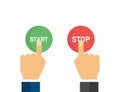 Hand with finger press start stop green and red button. Click icon vector. Press button icon vector. Electric power icon Royalty Free Stock Photo