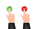 Hand with finger press start stop green and red button. Click sign. Hand click. Vector stock illustration.