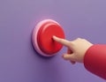 Hand finger presses large red button on purple background. Action, choice, start, stop, control, interface element. Human makes Royalty Free Stock Photo