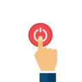 Hand with finger pressing on button. Red power or start button. Man hand Royalty Free Stock Photo