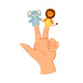 Hand or finger puppets play doll. On two fingers elephant and lion. Toy for children theater, kids games. Vector cute
