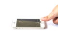 Hand finger touch smartphone broken on white background Royalty Free Stock Photo