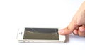 Hand finger touch smartphone broken on white background Royalty Free Stock Photo