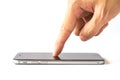 Hand finger touch smartphone on white background Royalty Free Stock Photo